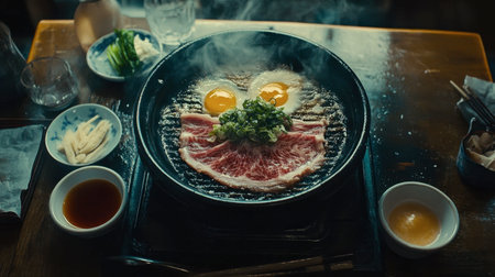 A high-angle view of a shabu pork pan meal with raw ingredients and flavorful dipping sauces ready to enjoy.の素材