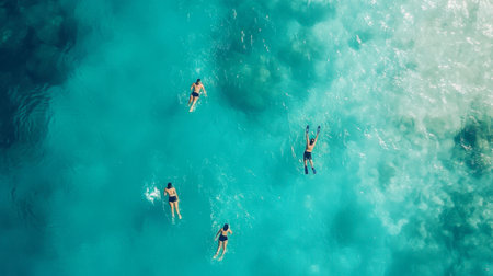A group of tourists snorkeling in the Maldives, exploring vibrant underwater coral gardens.の素材