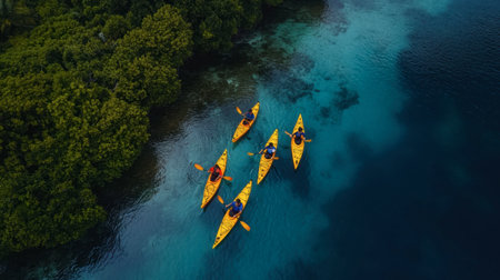 A group of tourists kayaking in the Maldives, surrounded by crystal-clear waters and lush greenery.の素材