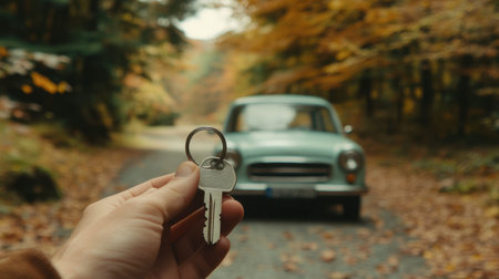 A hand holding a set of car keys with a silver keychain, with a blurred car in the background.の素材