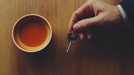 A hand placing keys on a table next to a cup of coffee, symbolizing a busy, modern lifestyle.の素材