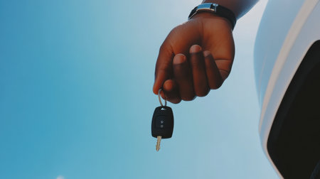 A hand holding a car key fob as they walk toward a parked car, with a clear blue sky in the background.の素材