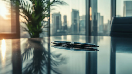 A high-end pen lying across a sophisticated desk, with its polished surface reflecting the office lighting.の素材