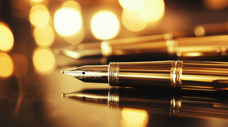 A high-end pen lying across a sophisticated desk, with its polished surface reflecting the office lighting.の素材