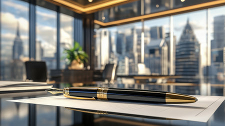 A high-end writing pen resting on a sheet of premium stationery with a sophisticated office setting in the background.の素材