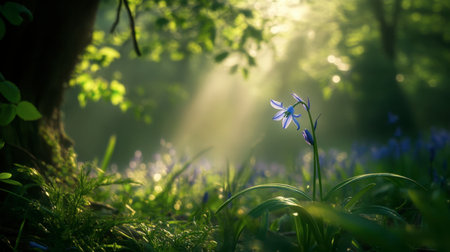 A lone bluebell in a forest clearing, illuminated by a soft ray of sunlight breaking through the canopy.の素材
