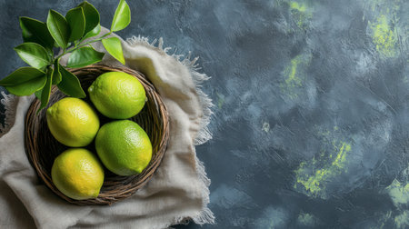 A juicy lime placed in a rustic wooden basket on a textured linen napkin.の素材