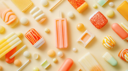 A lively summer-themed flat-lay featuring colorful popsicles neatly arranged on a beige background.の素材