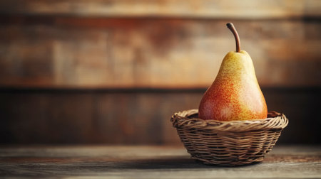 A juicy pear placed in a small wooden basket on a natural wooden table with soft natural light.の素材