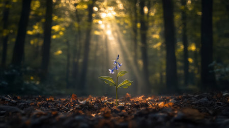 A lone bluebell in a forest clearing, illuminated by a soft ray of sunlight breaking through the canopy.の素材