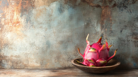 A lone dragon fruit placed in a wooden basket with a clean, rustic background.の素材
