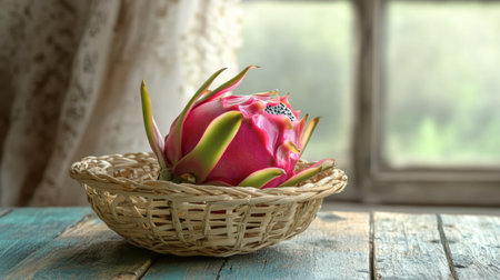 A lone dragon fruit placed in a wooden basket with a clean, rustic background.の素材