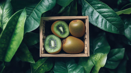 A luscious kiwi fruit resting in a wooden basket, surrounded by fresh green leaves.の素材