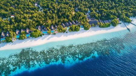 A Maldives resort with a private villa on stilts overlooking the crystal-clear water of the lagoon.の素材