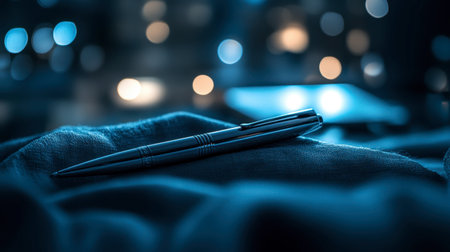 A luxury pen resting on a soft fabric, with a blurred background of an office setting ready for important tasks.の素材
