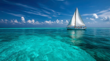 A luxury yacht cruising through the turquoise waters surrounding the Maldives, with the sun shining brightly.の素材