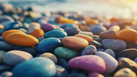 A meditative arrangement of colorful pebbles reflecting vibrant hues, set against a calm seashore.の素材