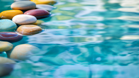 A meditative arrangement of colorful pebbles reflecting vibrant hues, set against a calm seashore.の素材