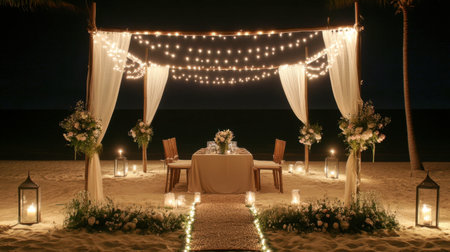 A Maldivian private beach dinner setup with tiki torches, a canopy, and fine dining on the sand.の素材