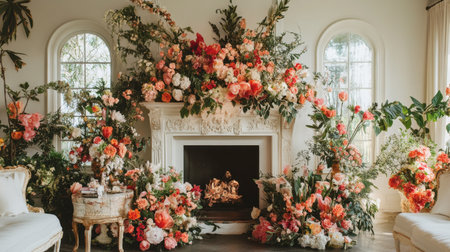 A magical living room featuring a grand fireplace, floral arrangements, and princess-inspired decor elements.の素材