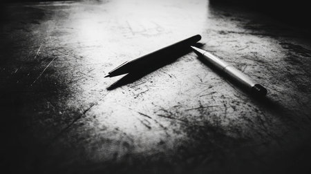 A minimal desk setup featuring a single pen, highlighting the beauty of simplicity and focus in a workspace.の素材