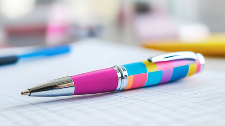 A close-up of a pen with a colorful design, sitting on a clean desk with fresh stationery and office supplies.の素材