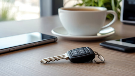 A close-up of a car key resting on a desk, with a smartphone and a cup of coffee in the background.の素材