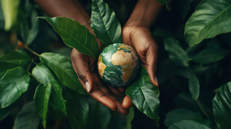 A close-up of hands holding a small globe surrounded by green leaves, representing ESG and sustainable solutions.の素材