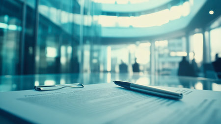 A close-up shot of a pen resting gently on a document, ready for an important task or signature.の素材