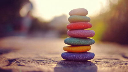 A colorful pebble stack catching the warm glow of a setting sun, perfect for mindfulness and travel themes.の素材