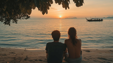 A couple enjoying a quiet moment on the beach, watching the sun dip below the horizon on Koh Samet.の素材