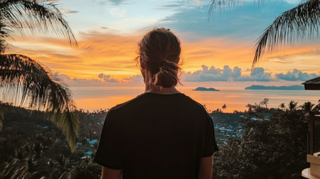 A colorful sunset sky over the horizon of Koh Samet, with silhouette palm trees framing the view.の素材
