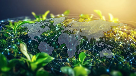 A digital interface showcasing global ESG data points and trends in sustainable development.の素材