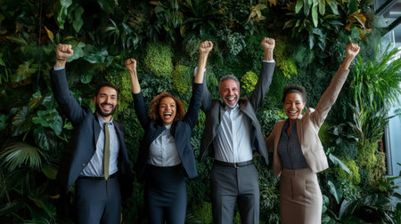A diverse team of corporate professionals celebrating their ESG milestones in a green-themed conference room.の素材