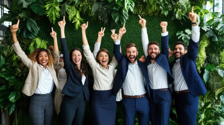 A diverse team of corporate professionals celebrating their ESG milestones in a green-themed conference room.の素材