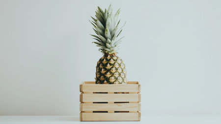 A fresh pineapple resting alone in a wooden basket, with a minimalistic background.の素材