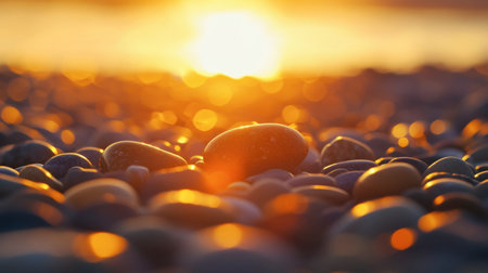 A harmonious arrangement of pebbles glowing in vibrant hues, with a soft sunset backdrop.の素材