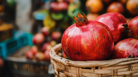 A juicy pomegranate placed gently in a wooden basket, highlighting its vibrant red color.の素材