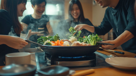 A group of friends gathered around a shabu pork pan, laughing and cooking fresh ingredients in the broth.の素材