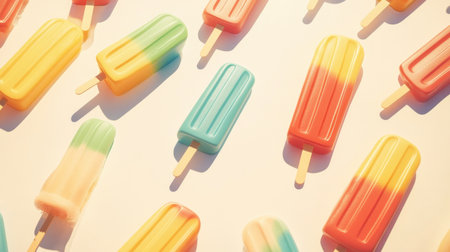 A lively summer-themed flat-lay featuring colorful popsicles neatly arranged on a beige background.の素材