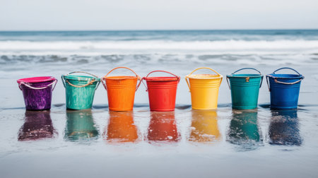 A group of sea buckets in different colors, arranged in a row on the sand with the ocean glistening behind.の素材