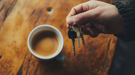 A hand placing keys on a table next to a cup of coffee, symbolizing a busy, modern lifestyle.の素材
