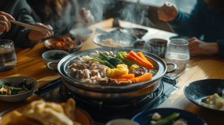 A lively dining scene with a steaming shabu pork pan, colorful vegetables, and guests enjoying the meal.の素材