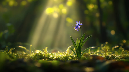 A lone bluebell in a forest clearing, illuminated by a soft ray of sunlight breaking through the canopy.の素材