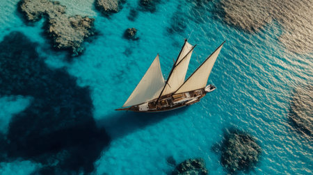 A luxury yacht cruising through the turquoise waters surrounding the Maldives, with the sun shining brightly.の素材