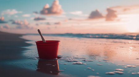 A red beach bucket with a shovel inside, resting near the tide as the water gently laps against the shore.の素材
