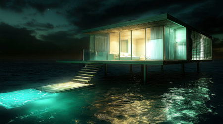 A Maldives resort with a private villa on stilts overlooking the crystal-clear water of the lagoon.の素材