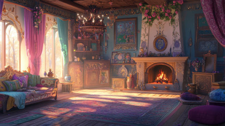 A magical princess-themed living room with ornate patterns, delicate accessories, and a cozy fireplace.の素材