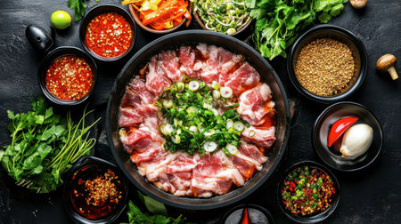 A minimalist view of a shabu pork pan surrounded by fresh herbs, spices, and sauces for dipping.の素材