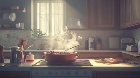 A modern kitchen scene with a shabu pork pan bubbling away on the stovetop, showcasing a delicious family meal.の素材